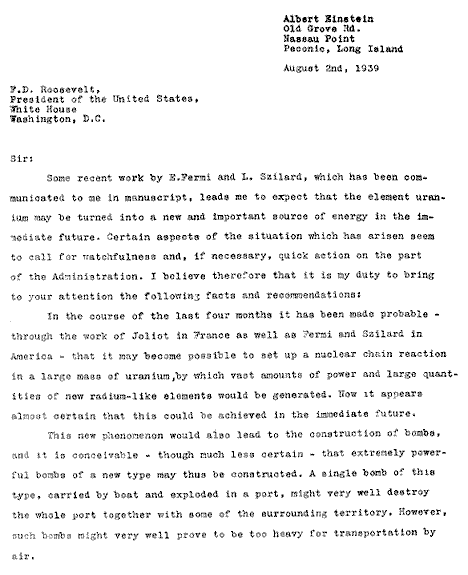 Письмо А.Эйнштейна к Президенту США Ф.Д.Рузвельту (1939 г.)